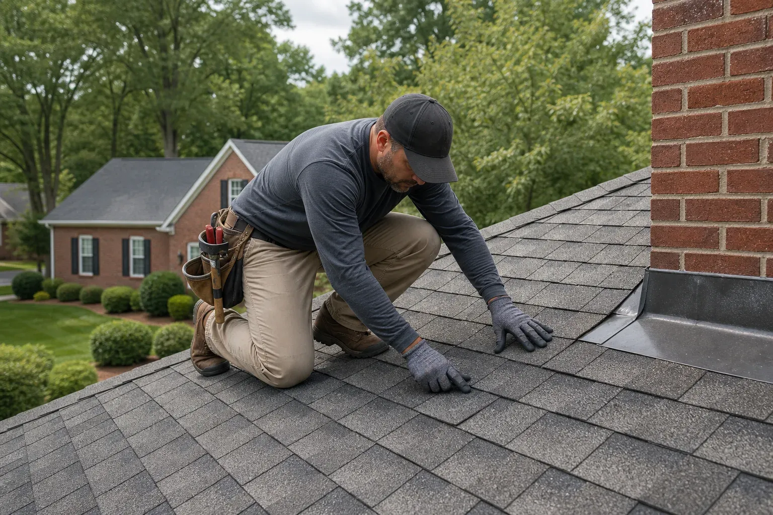 Roofer inspecting shingles on a Greensboro brick home