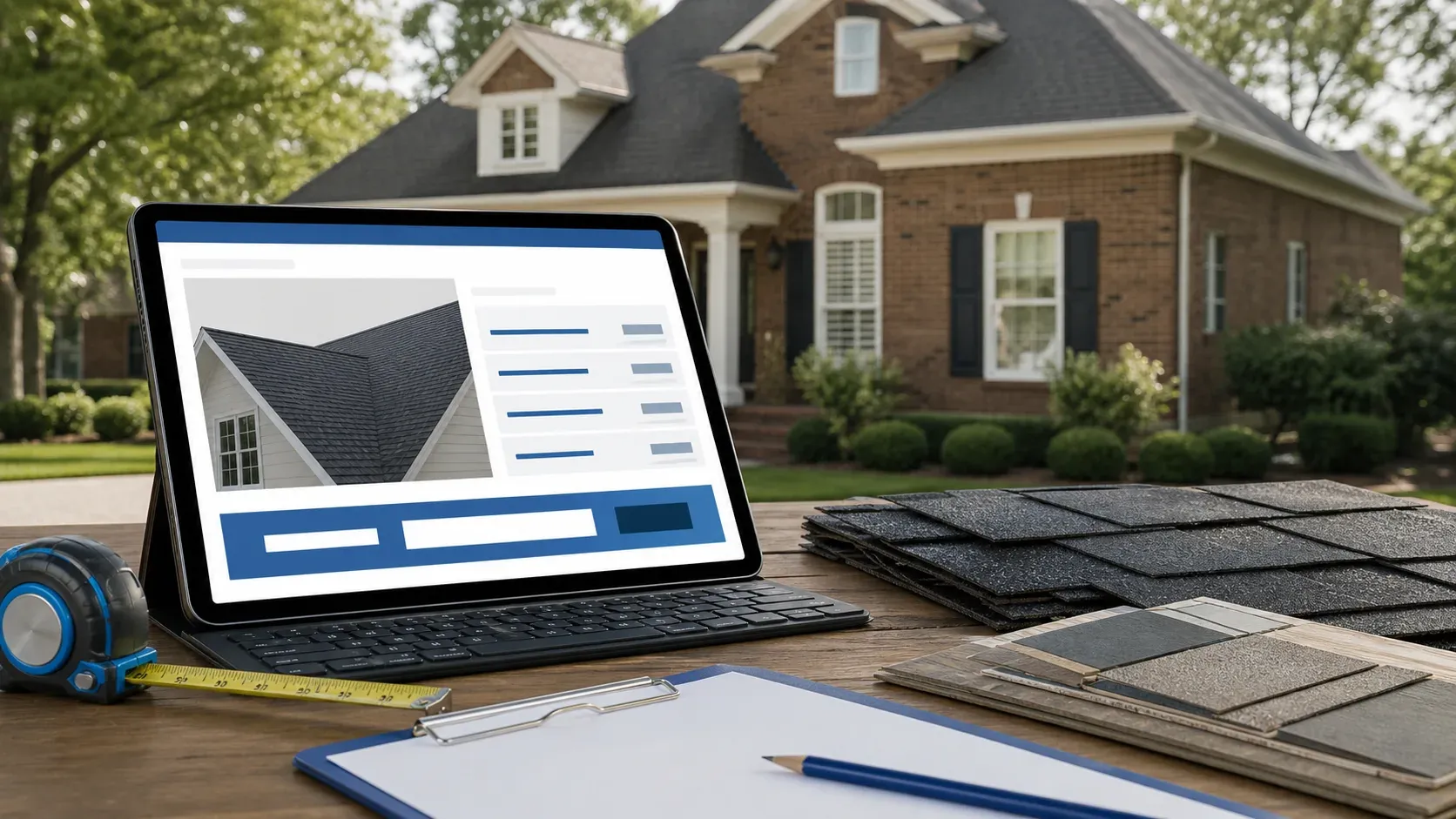 Roofing cost calculator on a tablet with shingle samples outside a Greensboro home