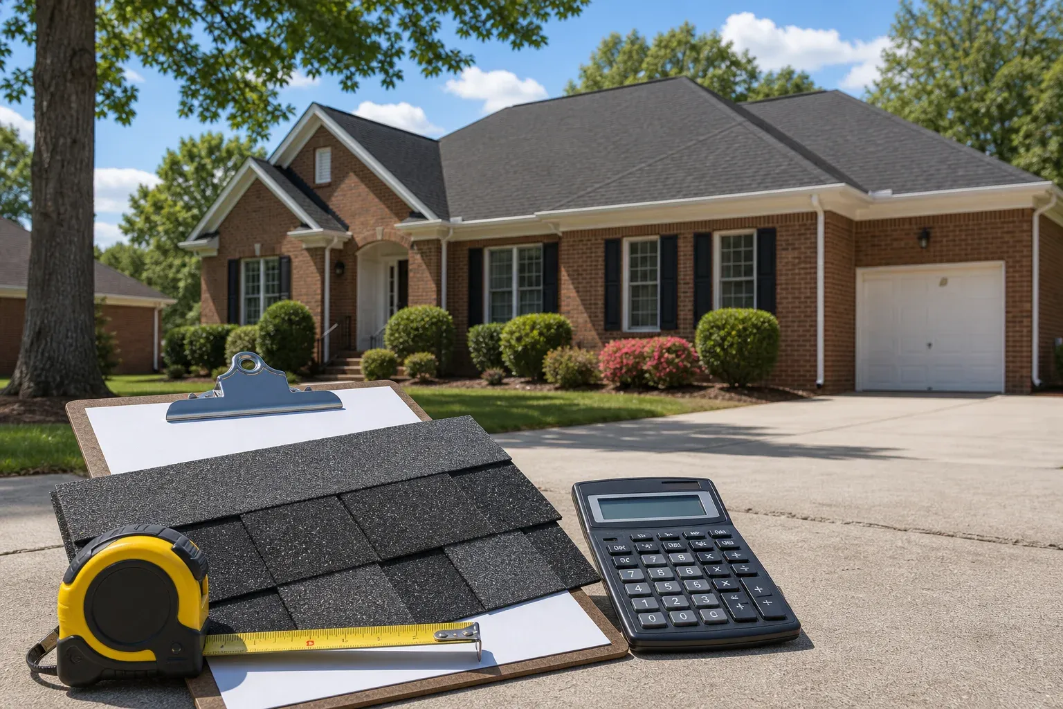 Roof estimate materials on the driveway of a Greensboro brick home