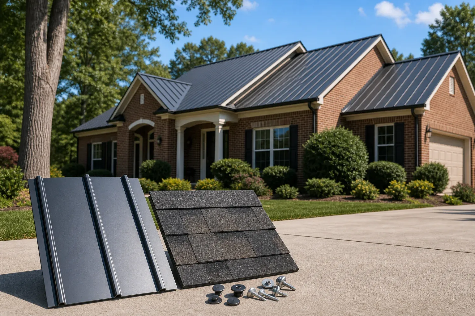 Metal roofing samples in front of a Greensboro home