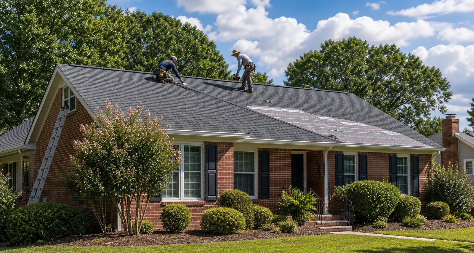 Roofing crew working on a brick Greensboro home with mature trees
