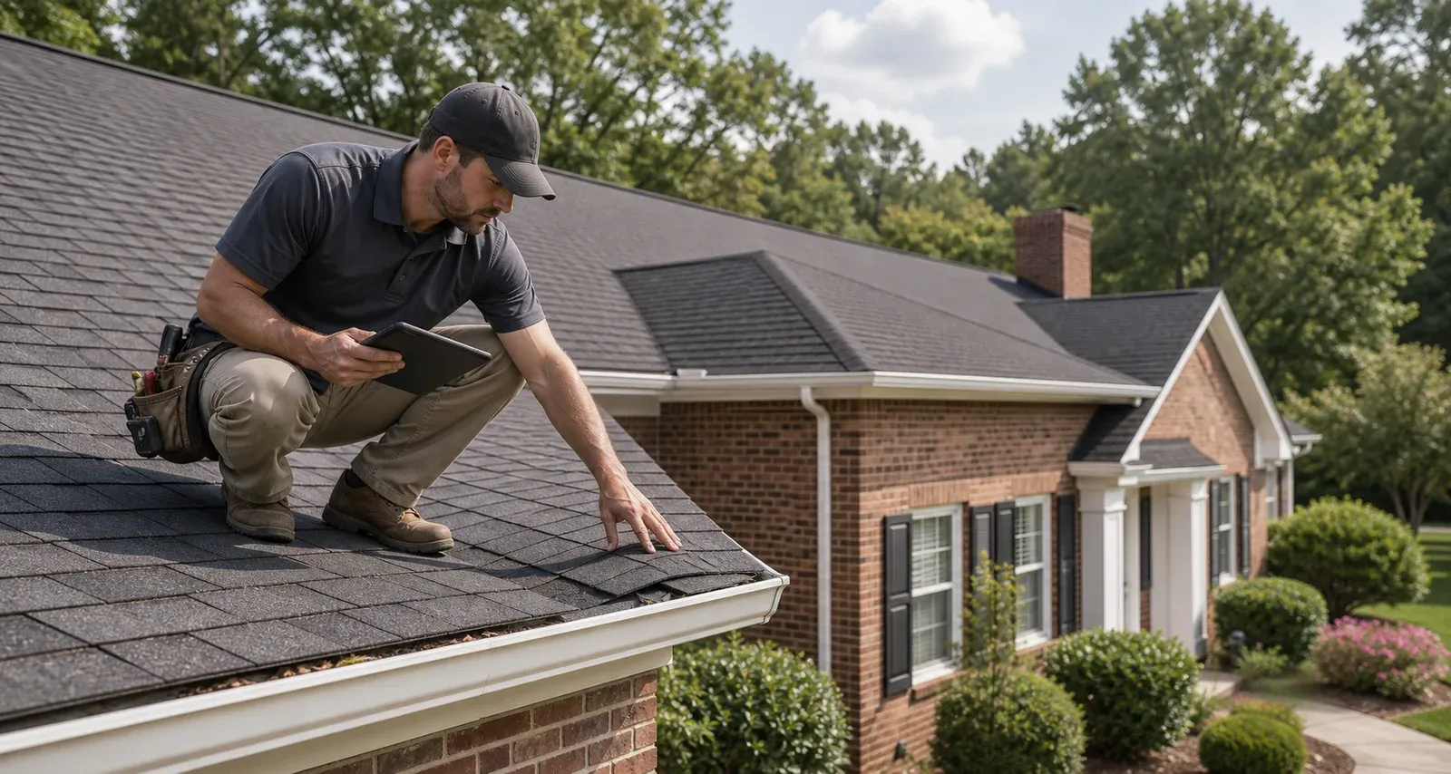 Roofer inspecting shingles on a Greensboro home