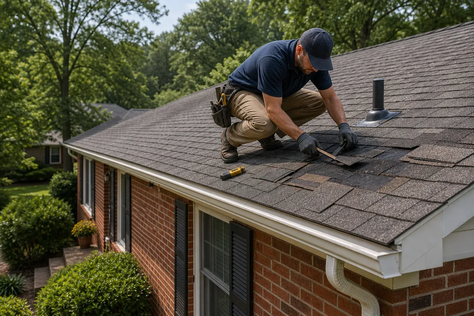 Roof repair in progress on a Greensboro brick home